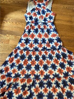 Banjanan White Maxi Dress with Blue and Orange Floral Print